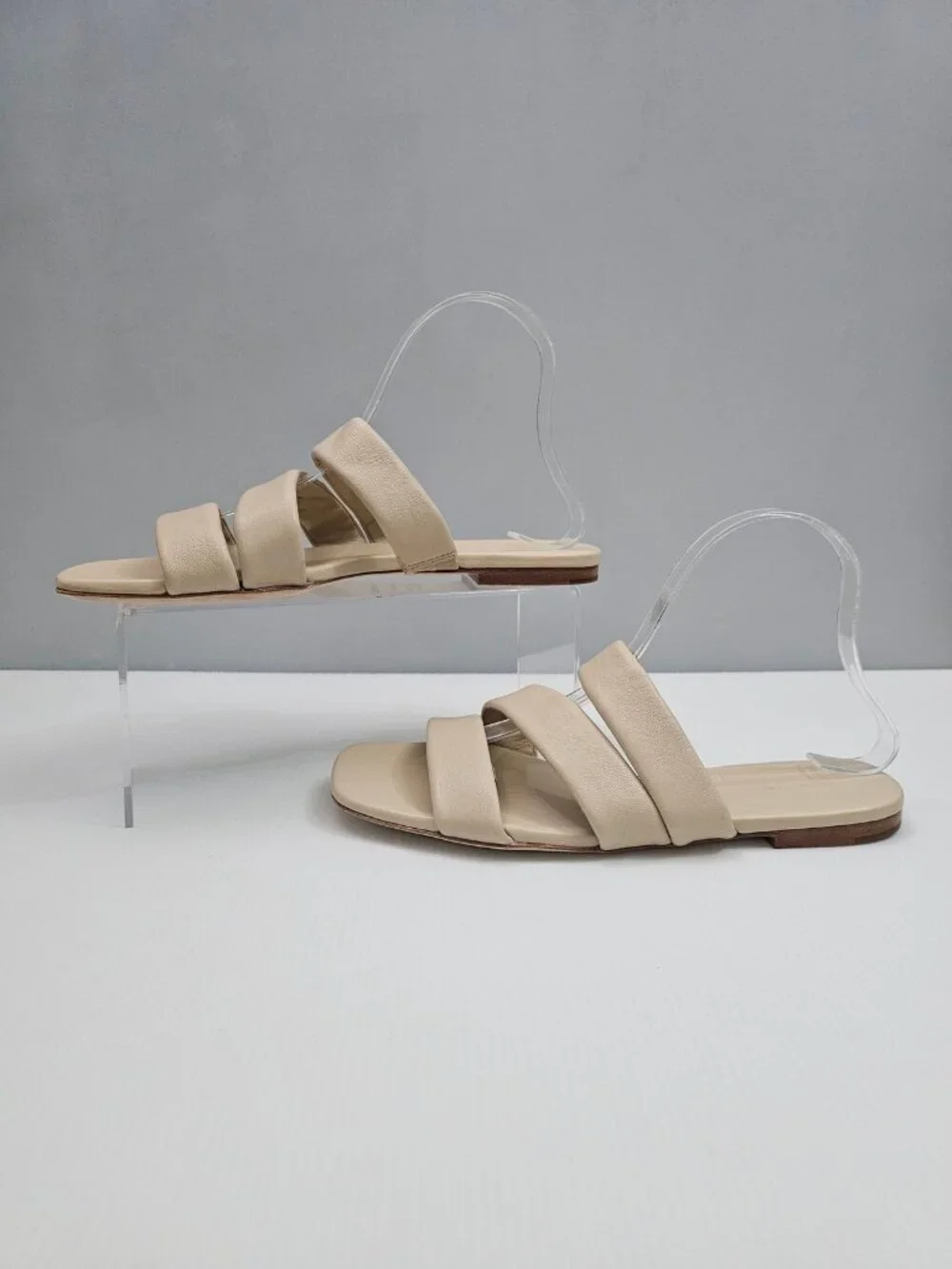 Vince Dallas Flat Slide Sandal Womens 9.5 Beige Leather Triple Strap Square Toe